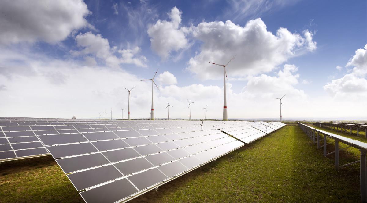 Solar Panels, Wind Power Generators, Blue Skies, White Clouds, Green Grass,