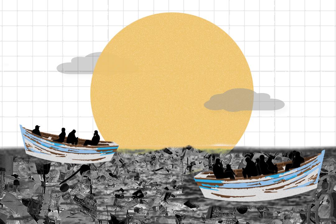 A sun rising behind the sea where dinghies with migrants are seen